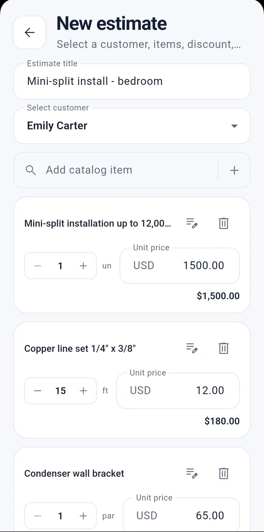 Building a quote in the Workaro app