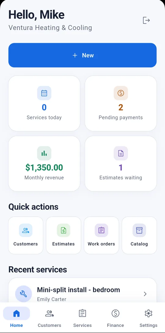 Dashboard with today's jobs, pending payments and monthly revenue