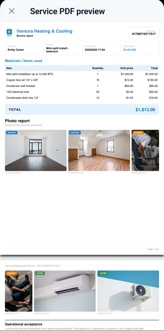 A professional PDF with line items, photos and total