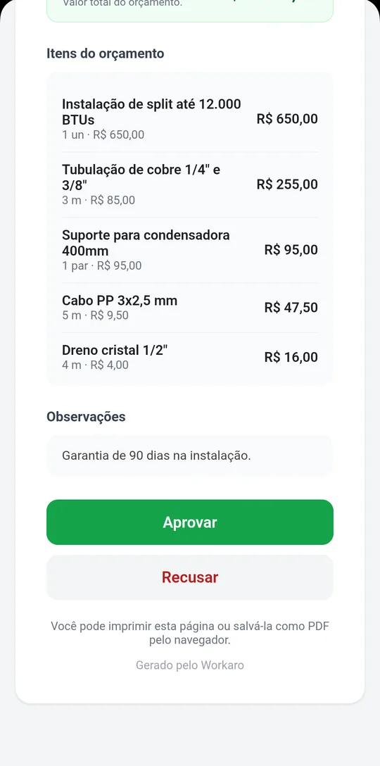 Cliente aprova o orçamento pelo link