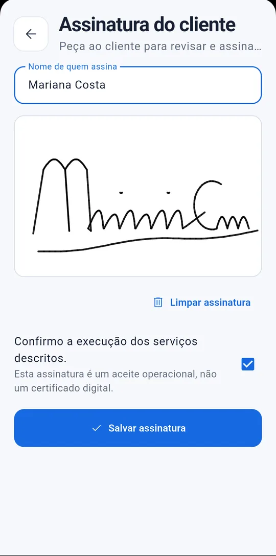 Cliente assina na tela do celular