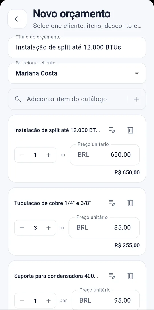Orçamento de instalação de split no Workaro