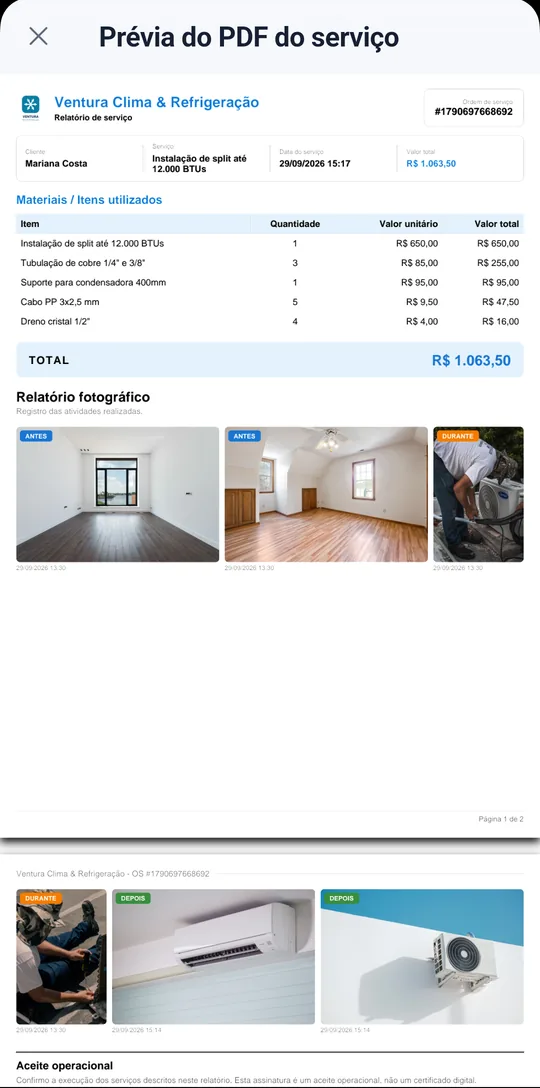 PDF pronto, com itens, fotos e total