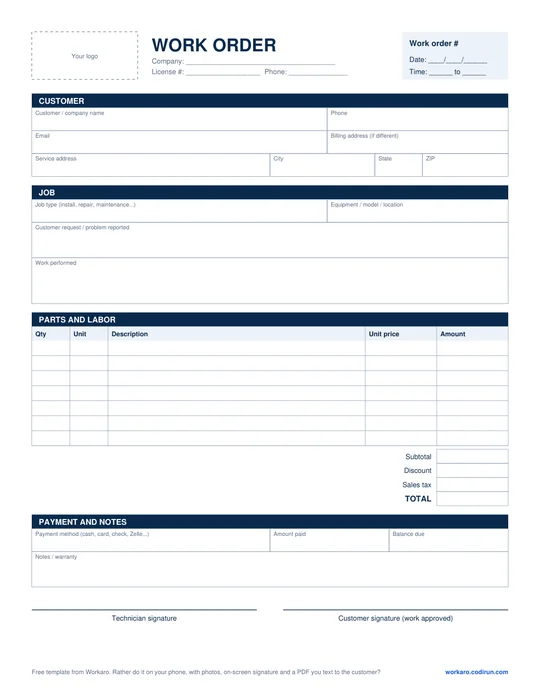 Blank printable work order template